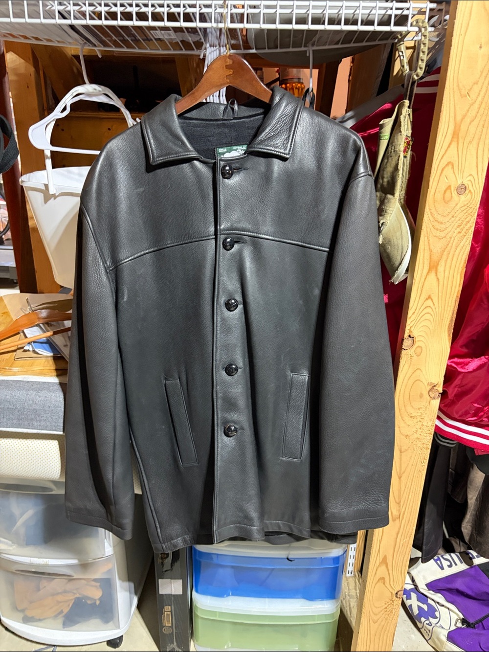 Roots Men's Black Leather Pea Coat with Button Front